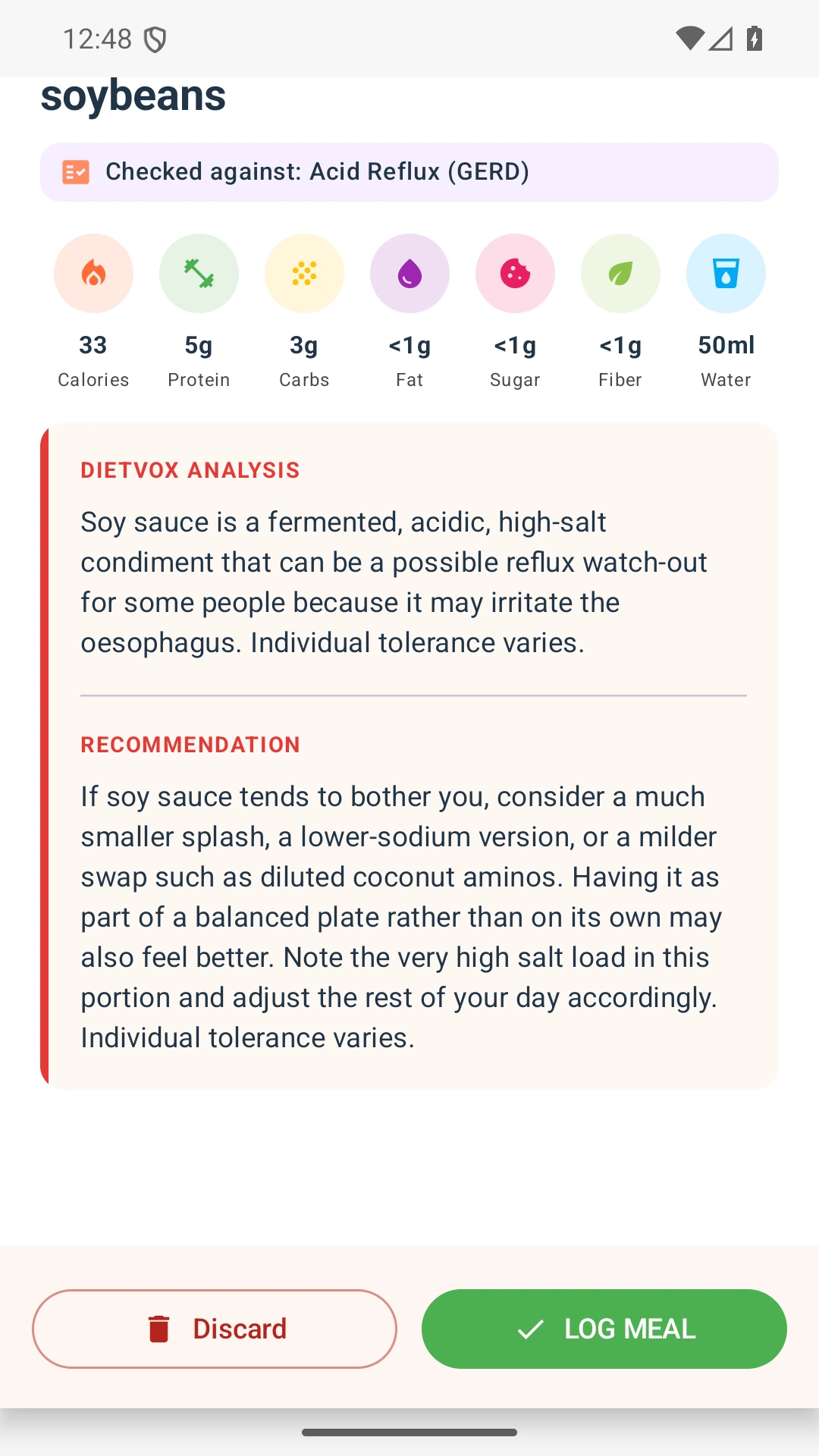 DietVox acid reflux analysis for Soy Sauce with the verified rating explanation
