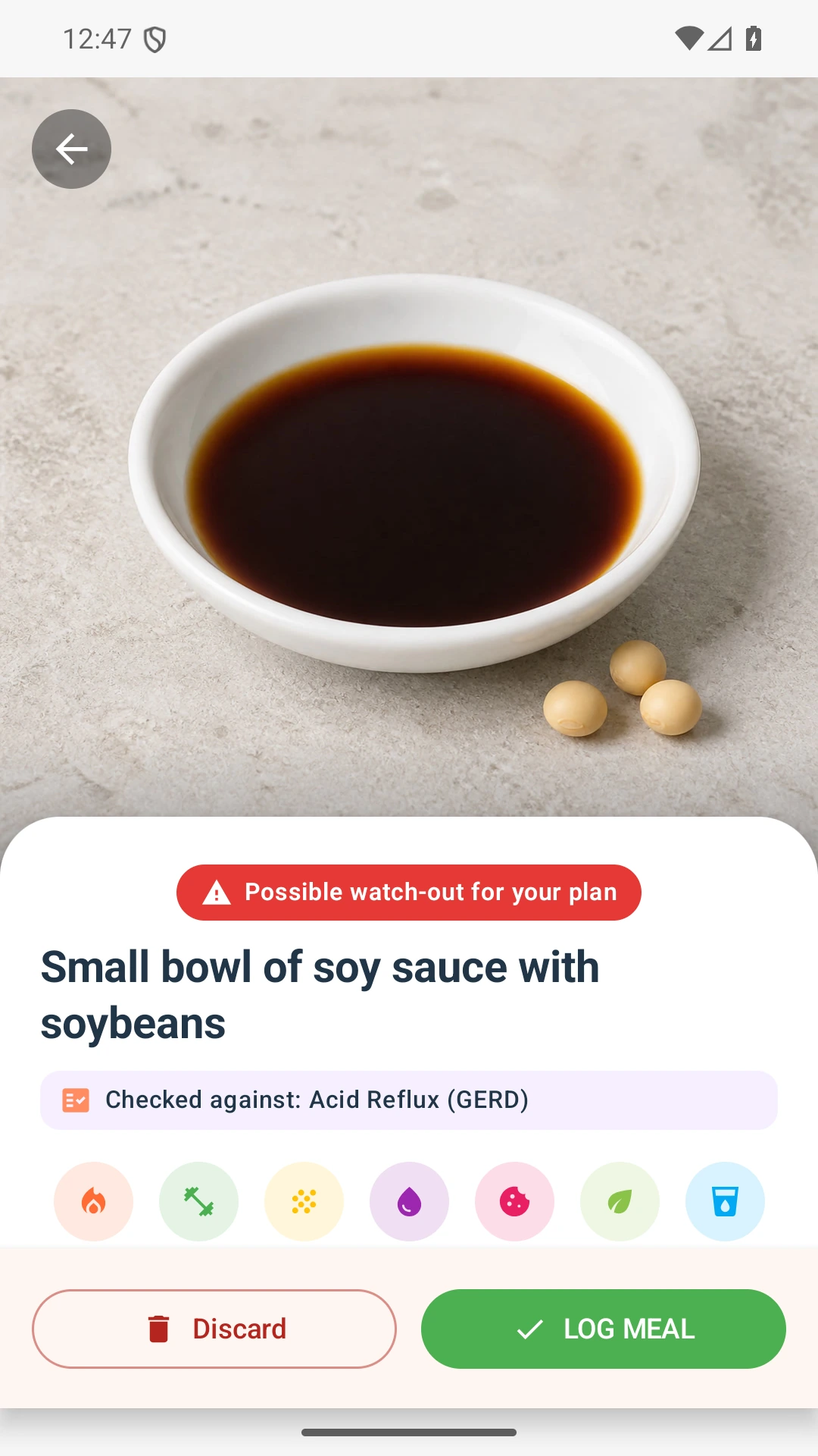 DietVox Soy Sauce scan showing a RED acid reflux rating