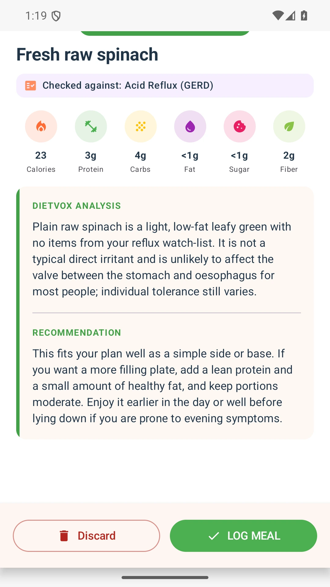 DietVox acid reflux analysis for Spinach with the verified rating explanation