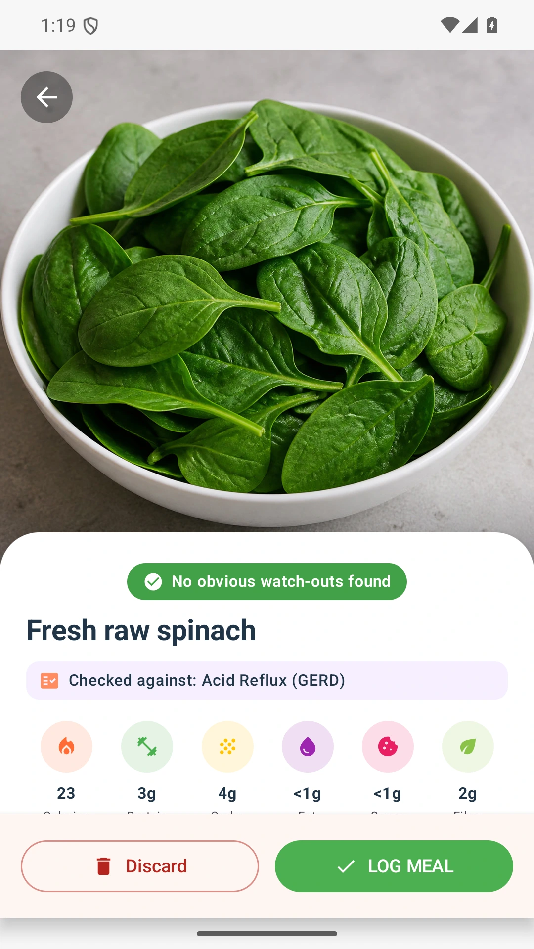 DietVox Spinach scan showing a GREEN acid reflux rating