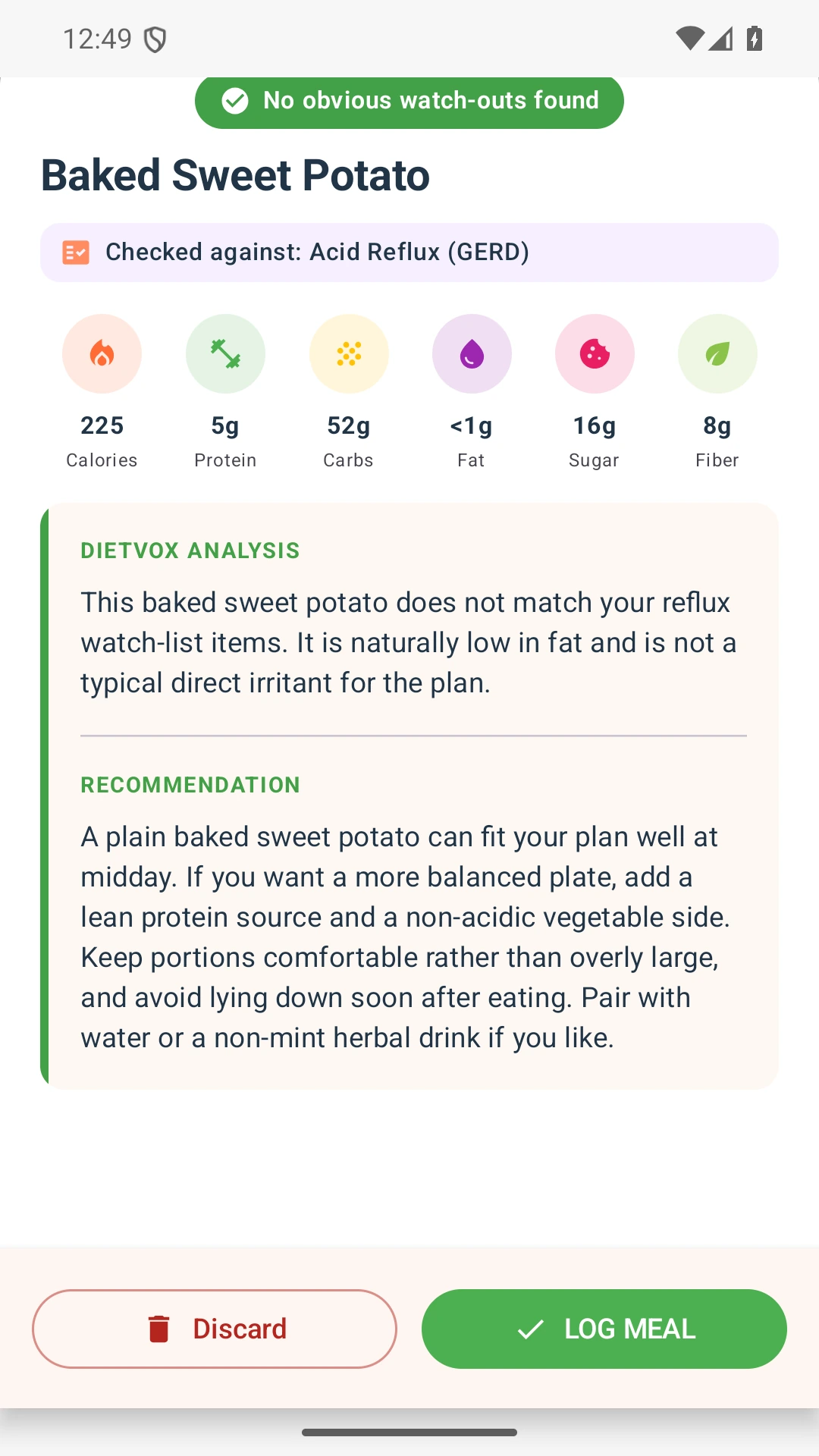 DietVox acid reflux analysis for Sweet Potato with the verified rating explanation
