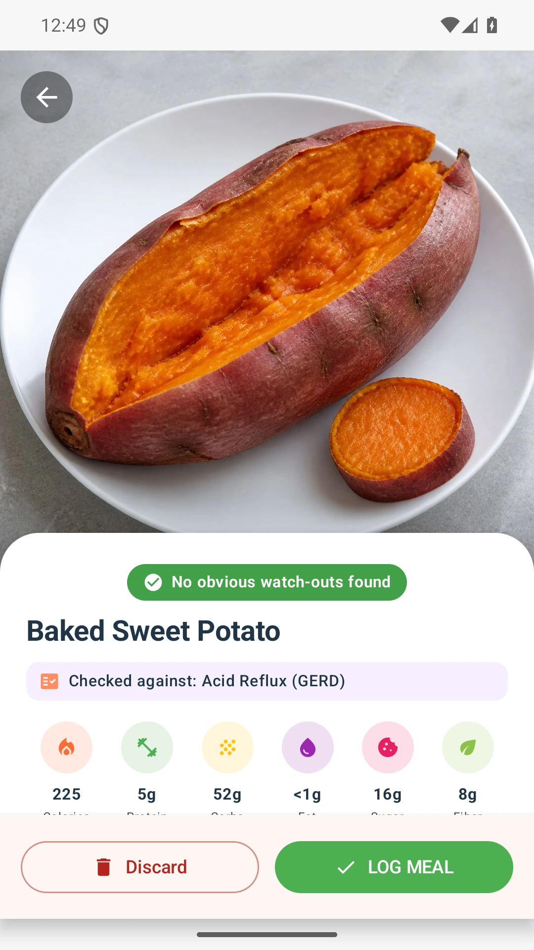 DietVox Sweet Potato scan showing a GREEN acid reflux rating