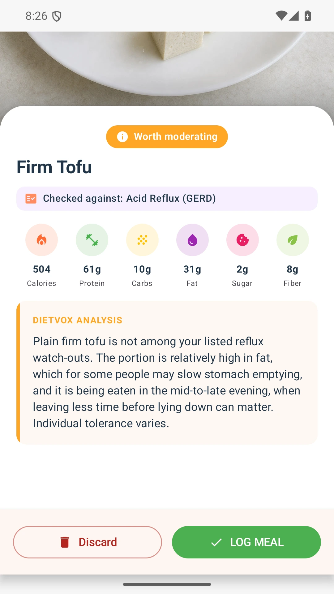 DietVox acid reflux analysis for Tofu with the verified rating explanation