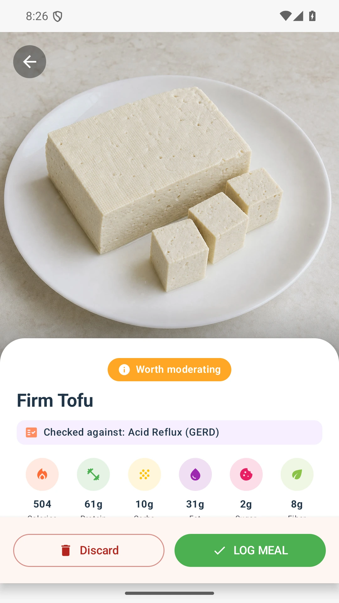 DietVox Tofu scan showing an AMBER acid reflux rating