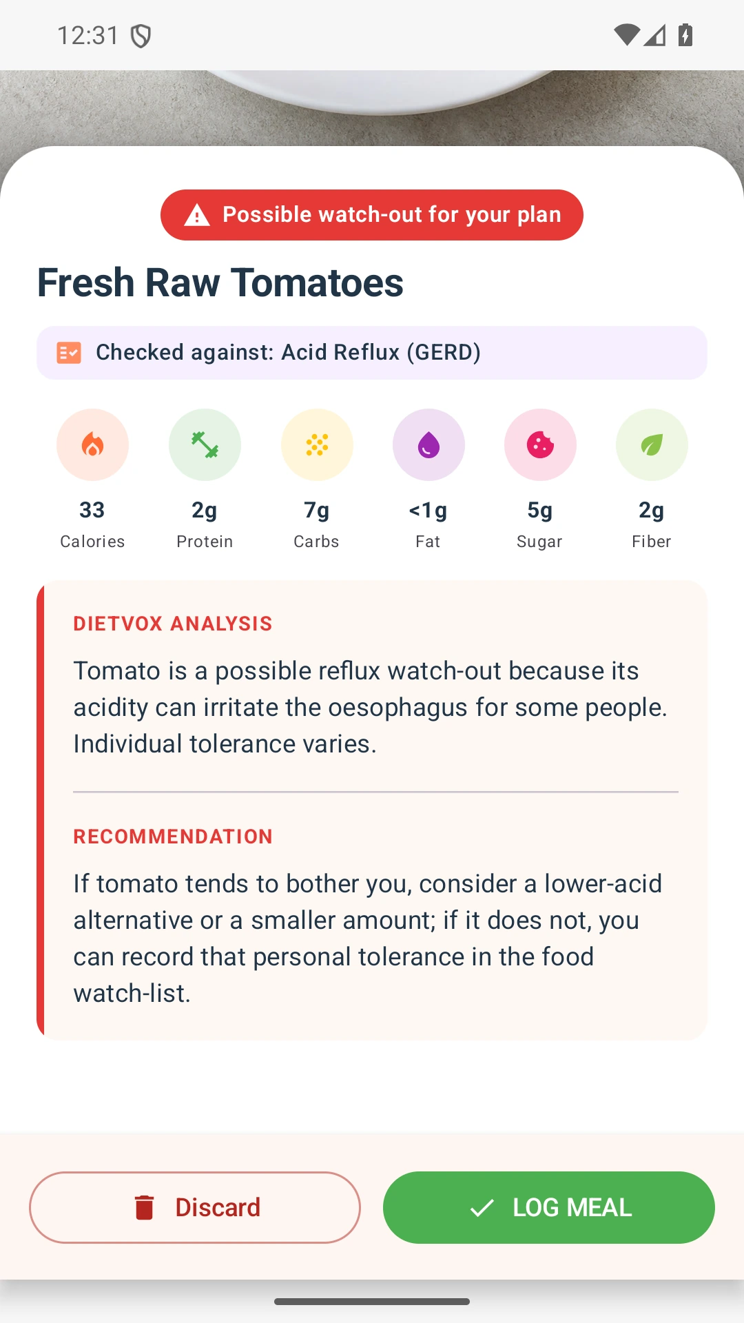 DietVox acid reflux analysis for Tomato with the verified rating explanation