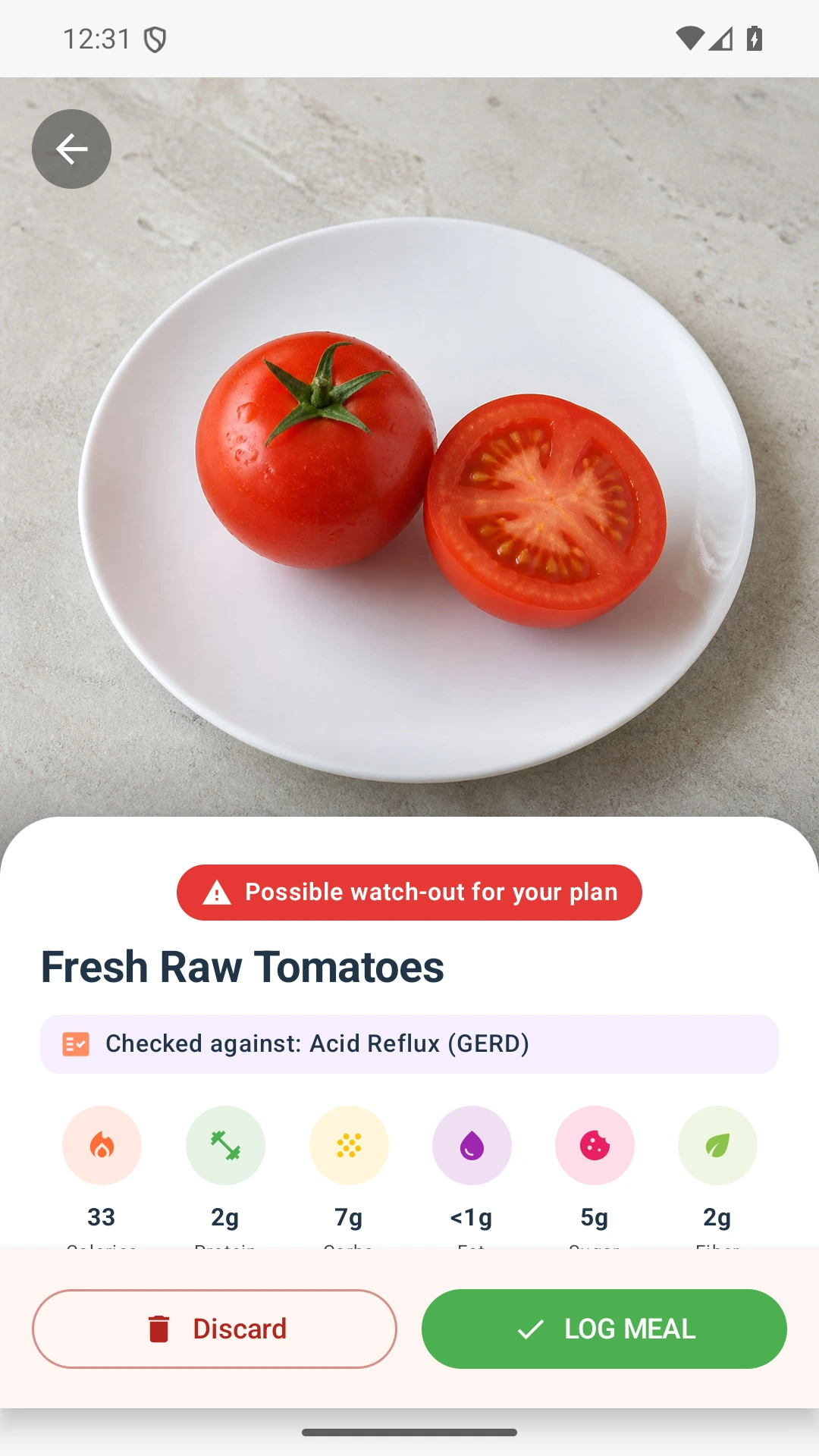 DietVox Tomato scan showing a RED acid reflux rating