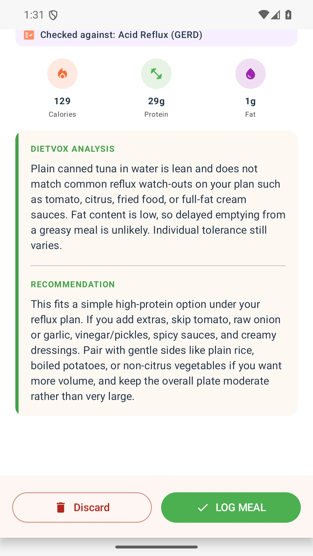 DietVox acid reflux analysis for Tuna with the verified rating explanation
