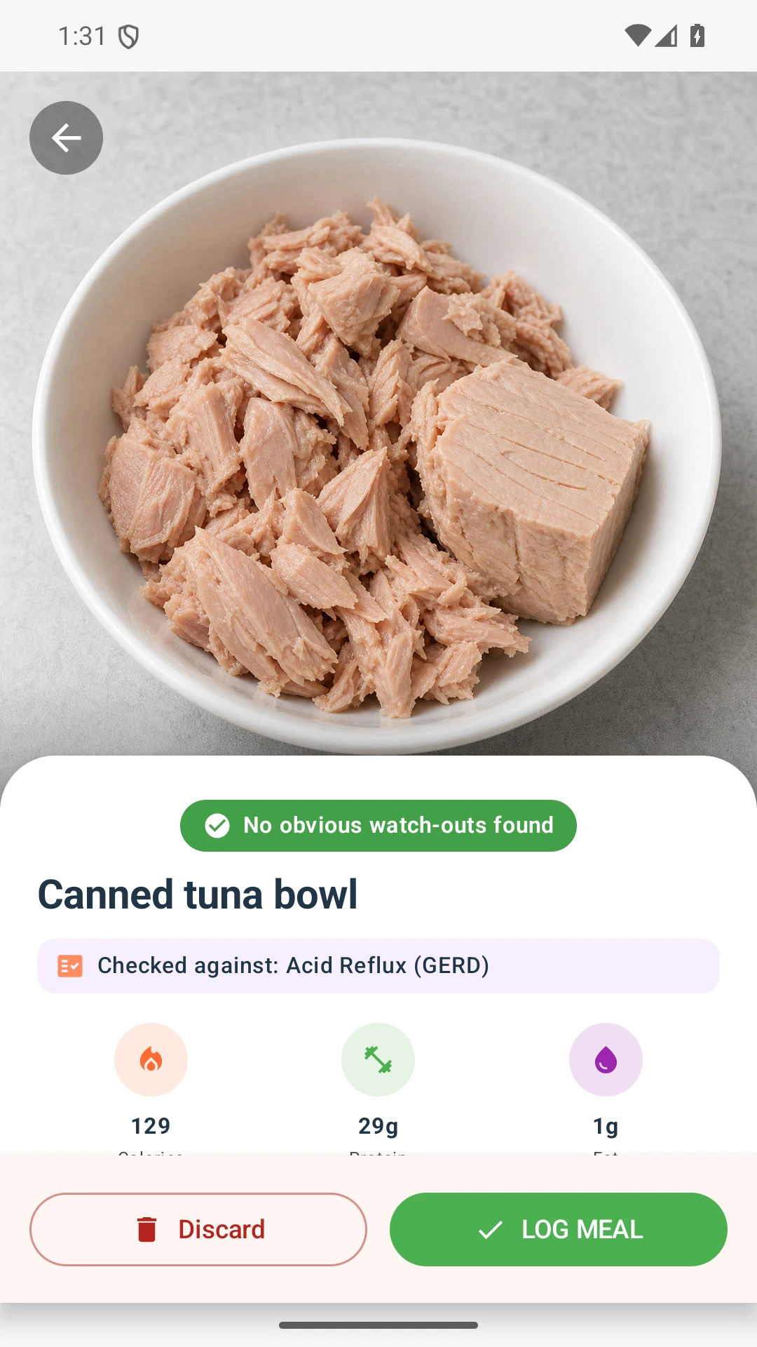 DietVox Tuna scan showing a GREEN acid reflux rating