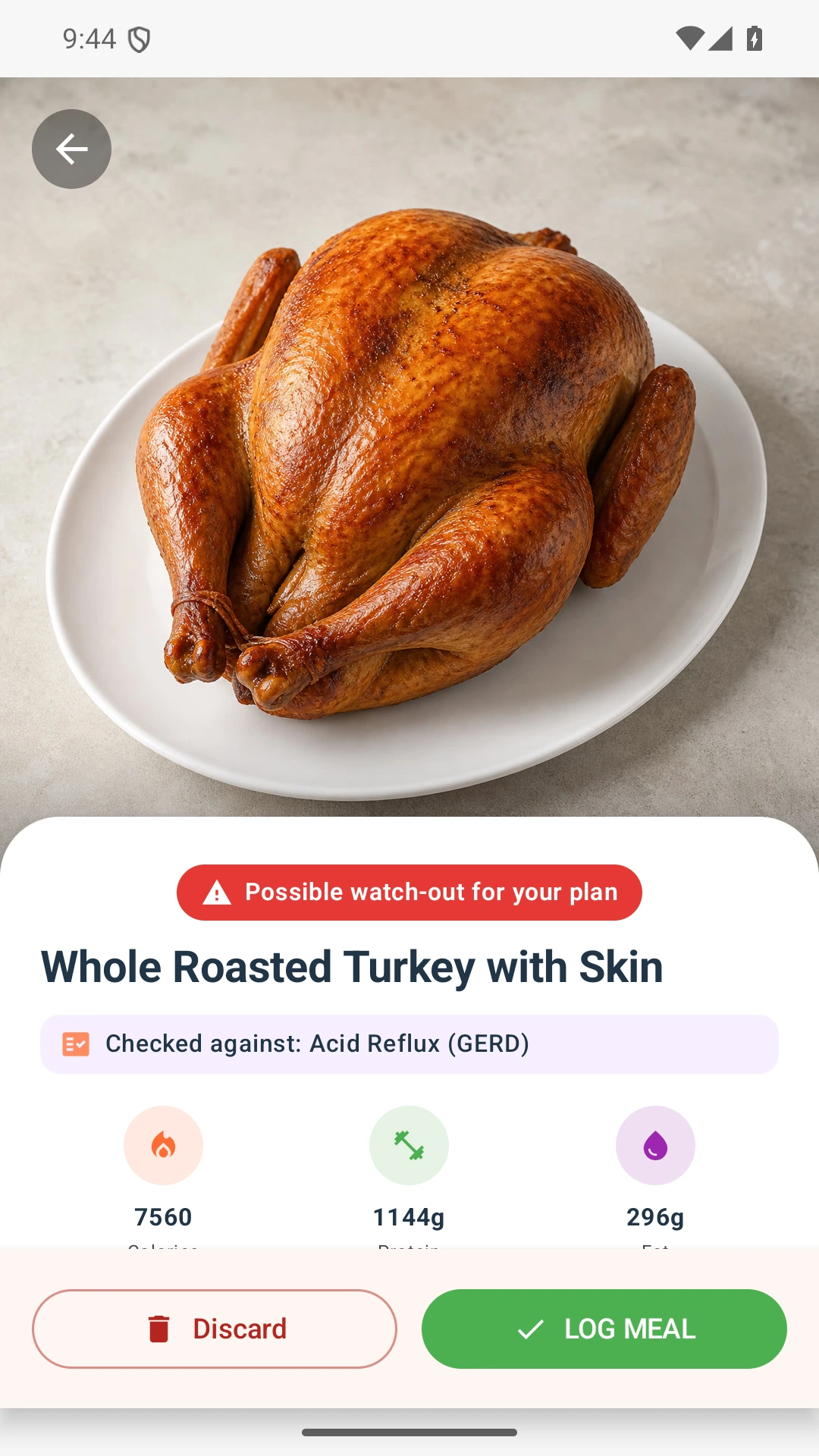 DietVox Turkey scan showing a RED acid reflux rating