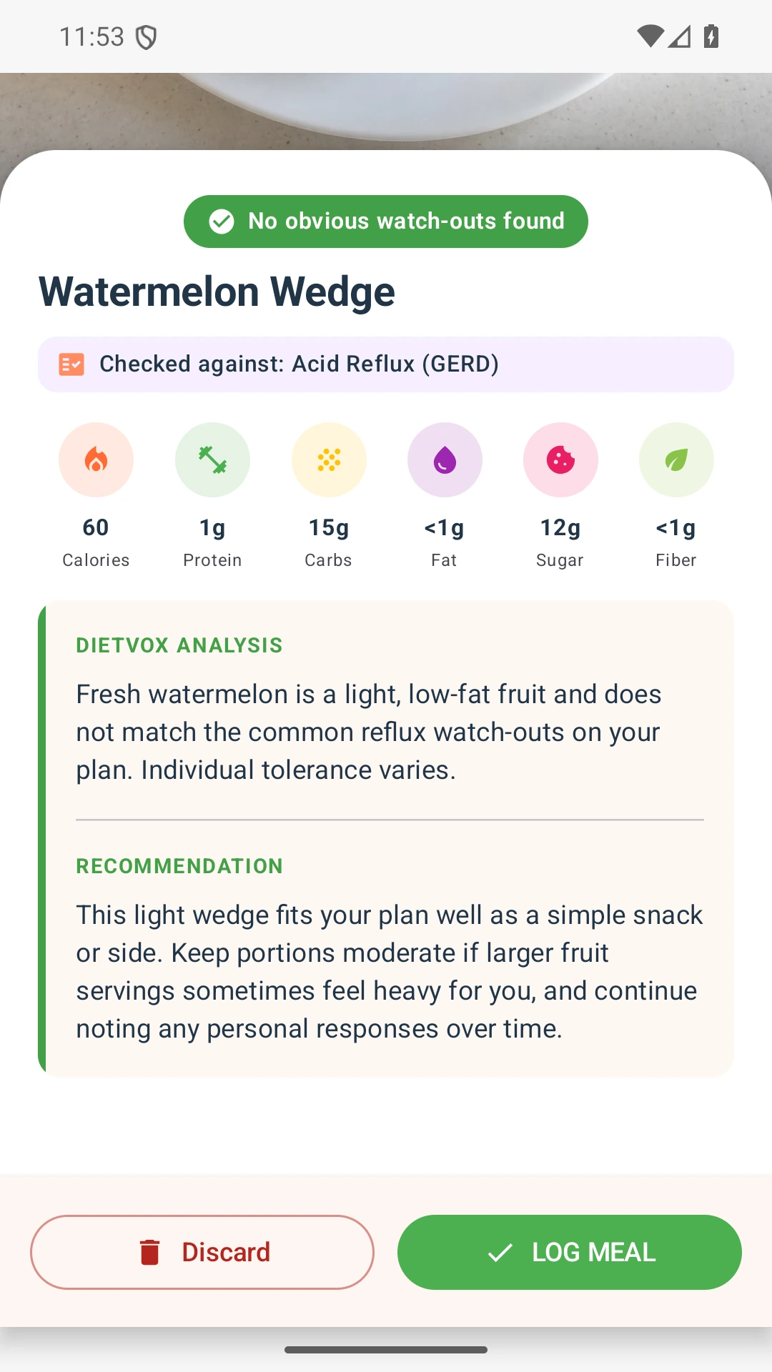 DietVox acid reflux analysis for Watermelon with the verified rating explanation