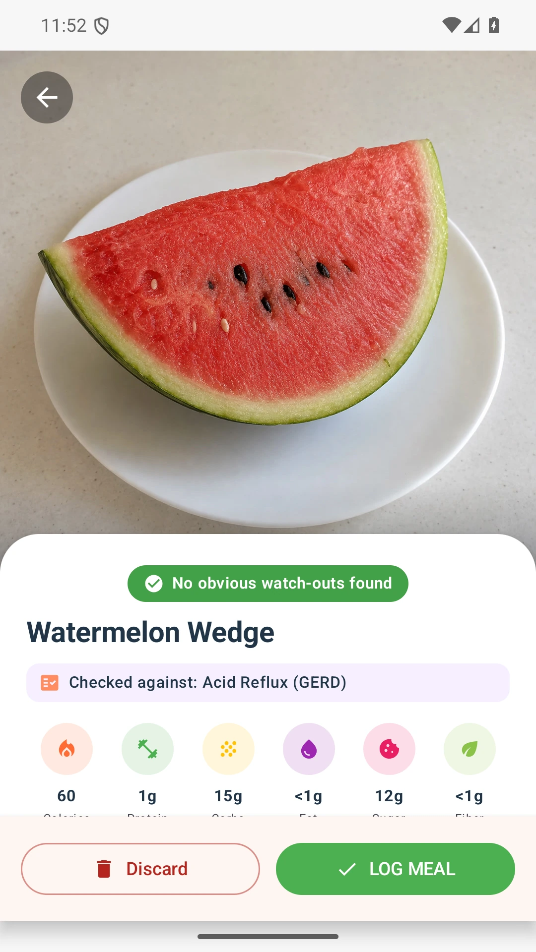 DietVox Watermelon scan showing a GREEN acid reflux rating