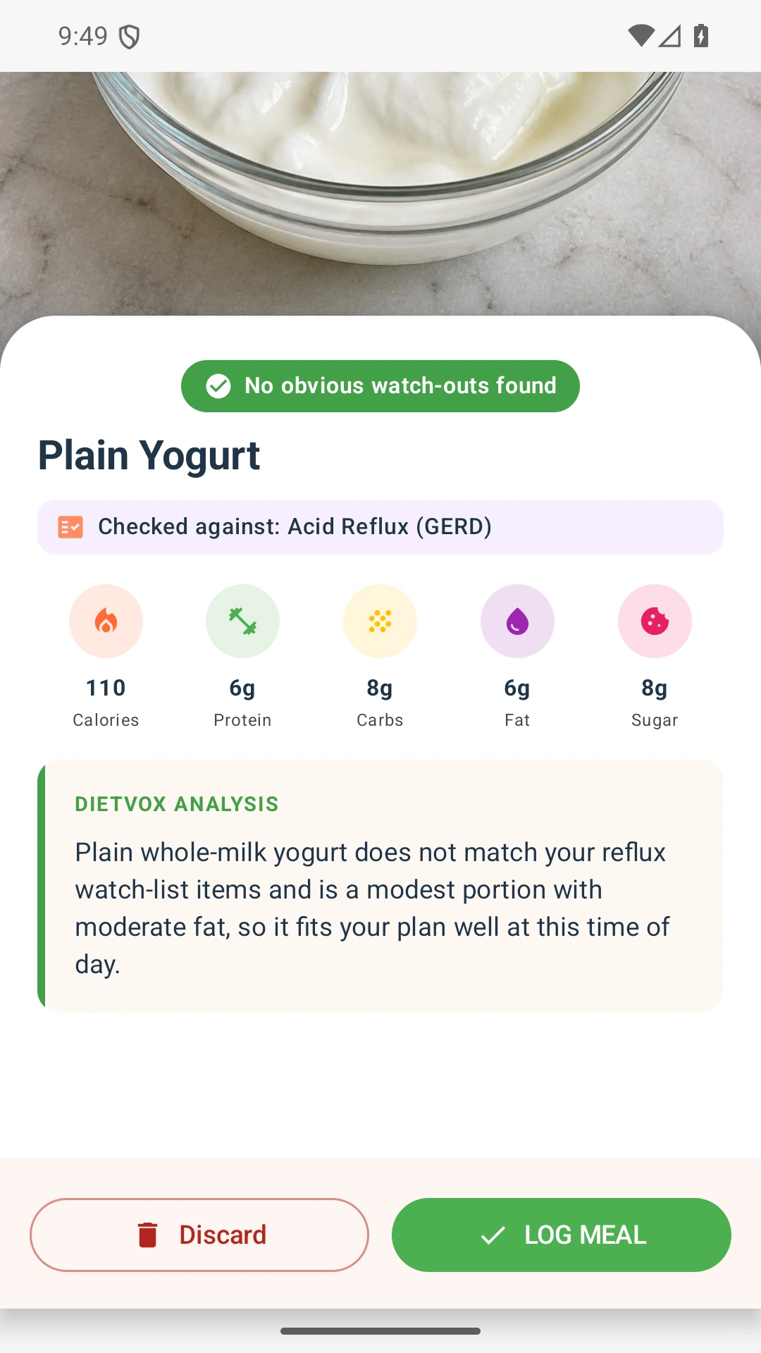 DietVox acid reflux analysis for Yogurt with the verified rating explanation