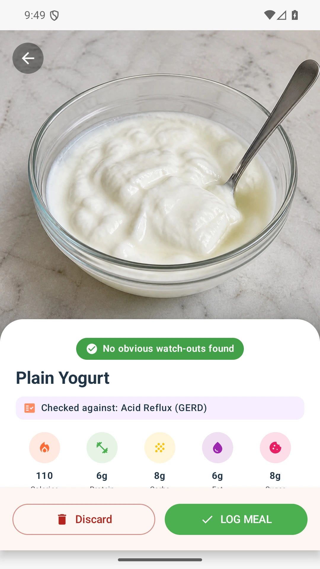 DietVox Yogurt scan showing a GREEN acid reflux rating